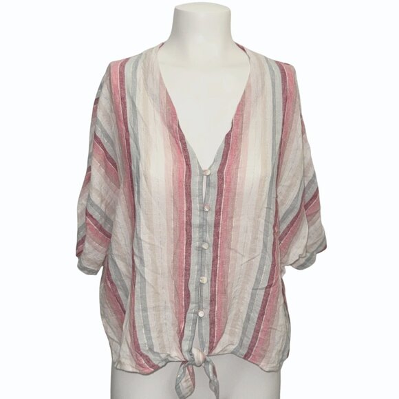 Rails Thea Linen Striped Shirt Womens L Tropic Stripe Metallic Thread Front Tie - Picture 3 of 13